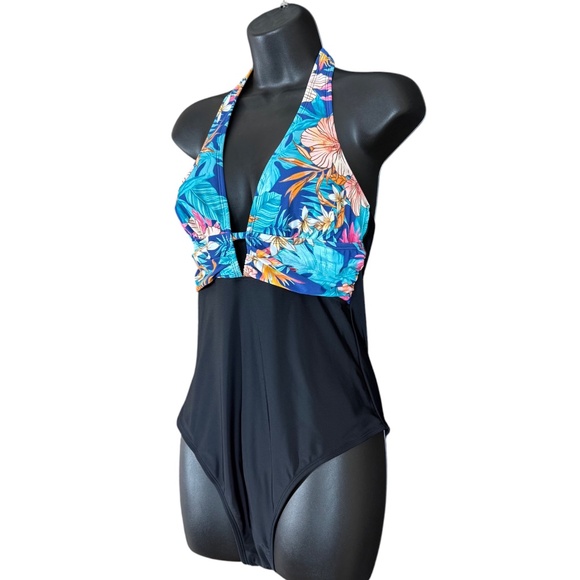 NWT Cupshe Blue Tropical Floral & Black Halter Top One Piece Swimsuit Size M - Picture 6 of 13